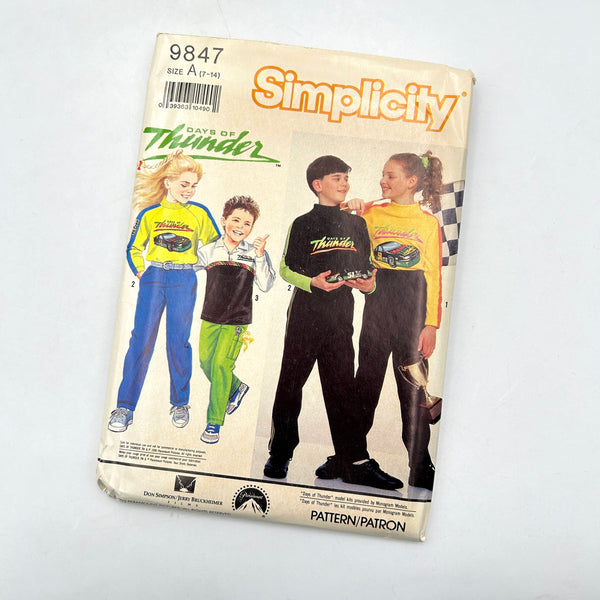 Simplicity 9847 | Kids' Stretch Pants, Tops w/ Blue Ink Transfers | Size 7-14