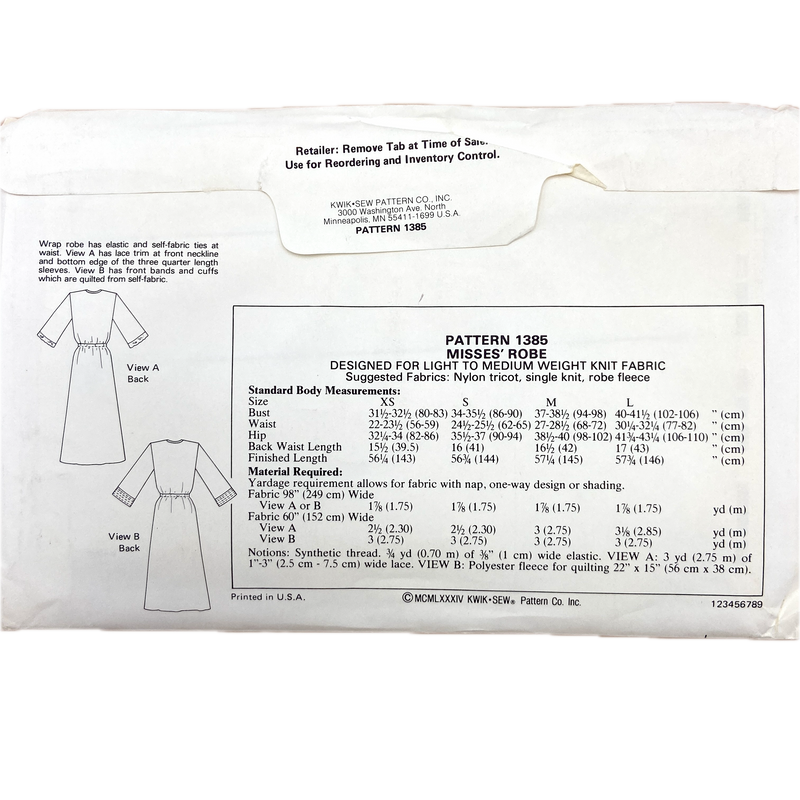 Kwik Sew 1385  | Adult Robes | Size XS - L