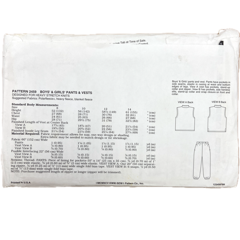 Kwik Sew 2459  | Kids Pants and Vest | Size 8-14