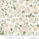 Floral pattern with beige flowers and green leaves on a white background, featuring Moda label.