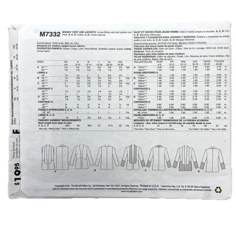 McCall's M7332 | Adult Vest and Jacket | Size XS-Med, 4-14