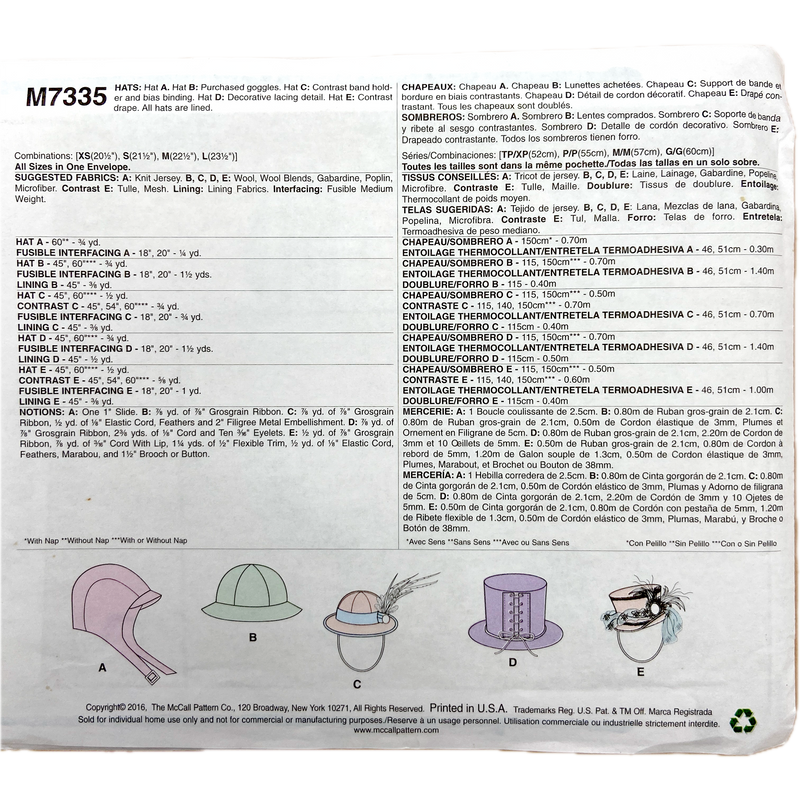 McCall's M7335 | Adult Costume Hats | One Size