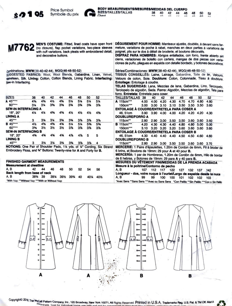 McCall's M7762 | Adult Outlander Costume | Sizes 38-44