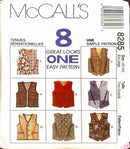 McCall's pattern packaging for vests with various designs and text.