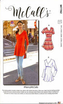 McCall's sewing pattern leaflet with a woman wearing an orange top and jeans, and two dress designs.
