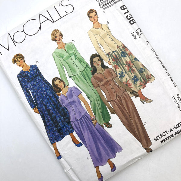 McCall's 9138 | Adult's Dress, Top, Pull-on Pants and Skirt | Sizes 28W, 30W, 32W, 46, 48, 50