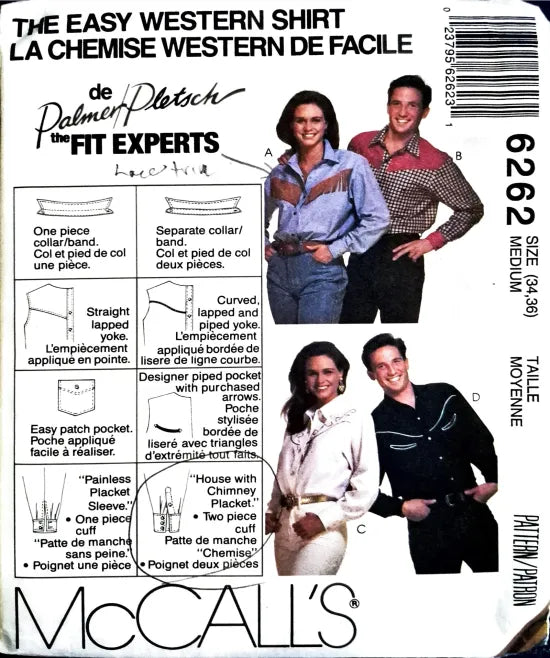 Palmer Pletsch McCall's 6262 | Misses', Men's or Teen Boys' Western Shirt | Size 34-36/Medium