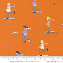Fabric pattern with illustrated children on scooters and dogs on an orange background, featuring a Moda label.