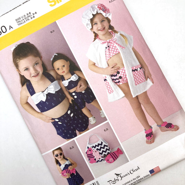 Simplicity 1380 | Kids' Swimsuit, Play Suit, Cover Up, Hat, Accessories and Play Suit for 18" Doll | Sizes 3-8