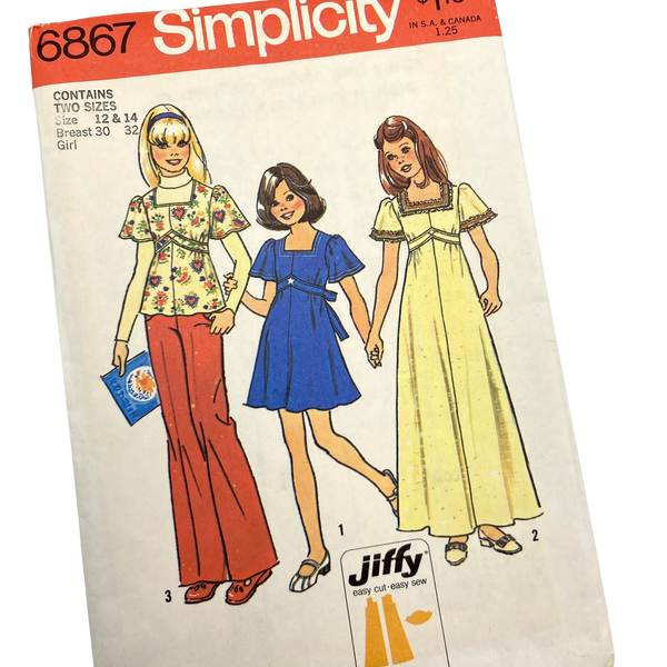 Simplicity 6867 | Kids Jiffy Dress in Two Lengths or Top | Size 12 & 14