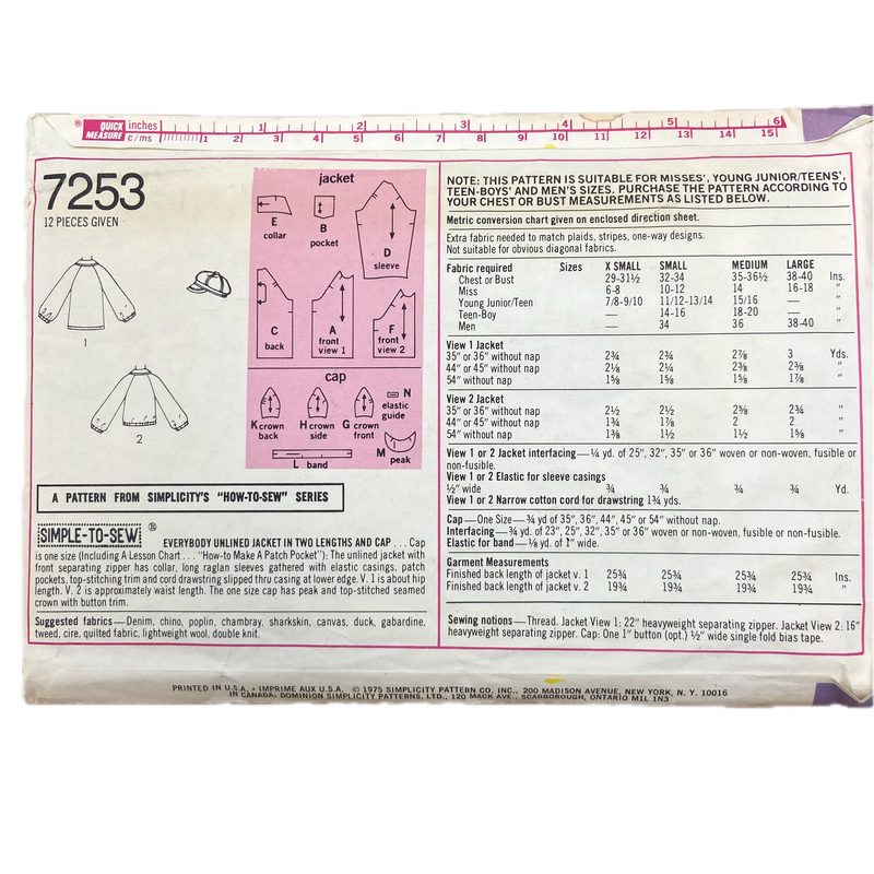 Simplicity 7253  | Adult Unlined Jacket in Two Lengths and Cap | Chest 35" or 36"