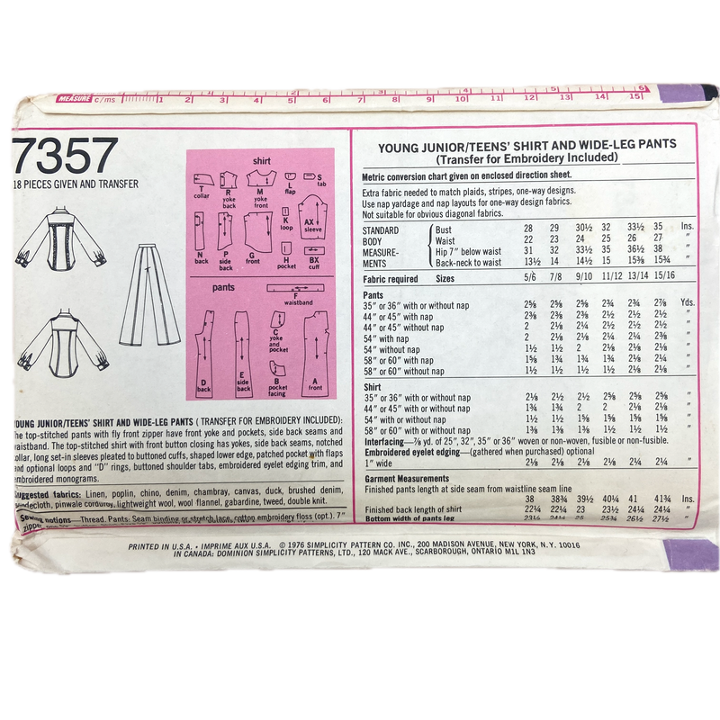 Simplicity 7357  | Junior Shirt and Wide-Leg Pants | Size 11-12