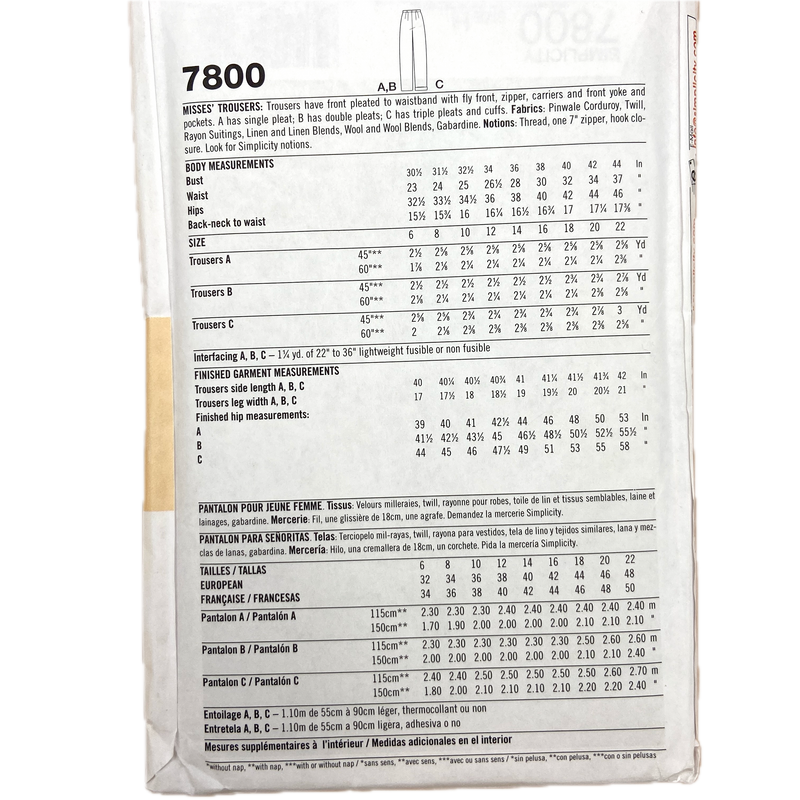 Simplicity 7800 | Adult Trousers | Size 6-10