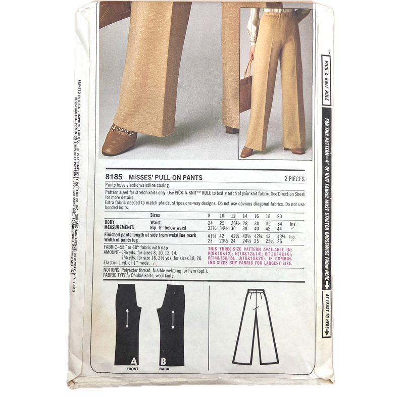 Simplicity 8185 | Adult Pull-On Pants | Size 10-14
