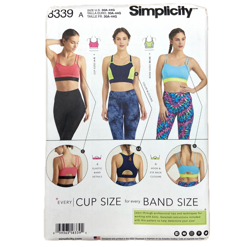 Simplicity 8339 | Adult Knit Sports Bras | Size 30A - 44G