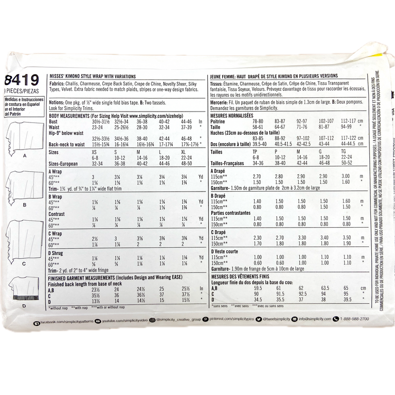 Simplicity 8419  | Adult Wrap With Variations | Size XS - XL