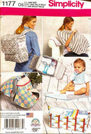 Simplicity sewing pattern packaging with images of bags and a baby, featuring a pink border.