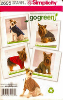 Simplicity pattern packaging for dog sweaters with images of dogs wearing different colored sweaters.
