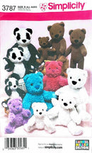 Simplicity pattern packaging with stuffed teddy bears of various colors and sizes.