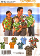 Simplicity sewing pattern leaflet for children's and men's shirts with a family wearing matching outfits.