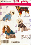Simplicity pattern packaging with dogs wearing various outfits on a white background
