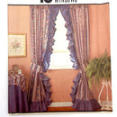 A picture of a book cover for a Simplicity 10-window drapery pattern, featuring blue curtains with a floral design on a window in an interior setting.