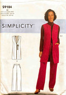 Simplicity sewing pattern with a model wearing a red vest and pants, and pattern lines on a white background.