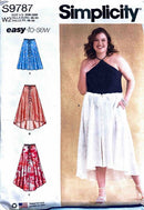 Simplicity sewing pattern package with a model wearing a white skirt and three different skirt designs.