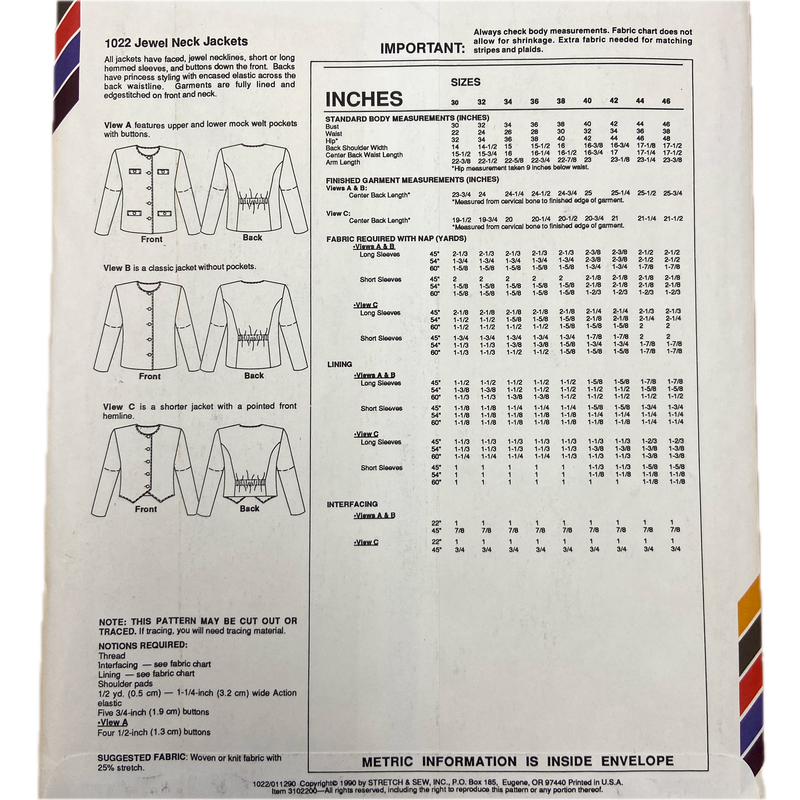 Stretch & Sew 1022 | Jewel Neck Jackets | Bust Sizes 30-46