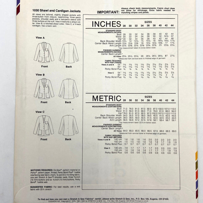 The back cover of the sewing pattern, including size chart, line drawings, and other necessary information.