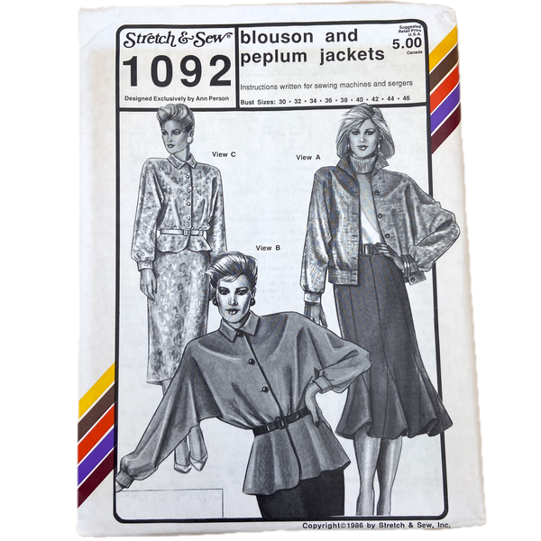 Stretch & Sew 1092 | Blouson and Peplum Jackets | Bust Sizes 30-46