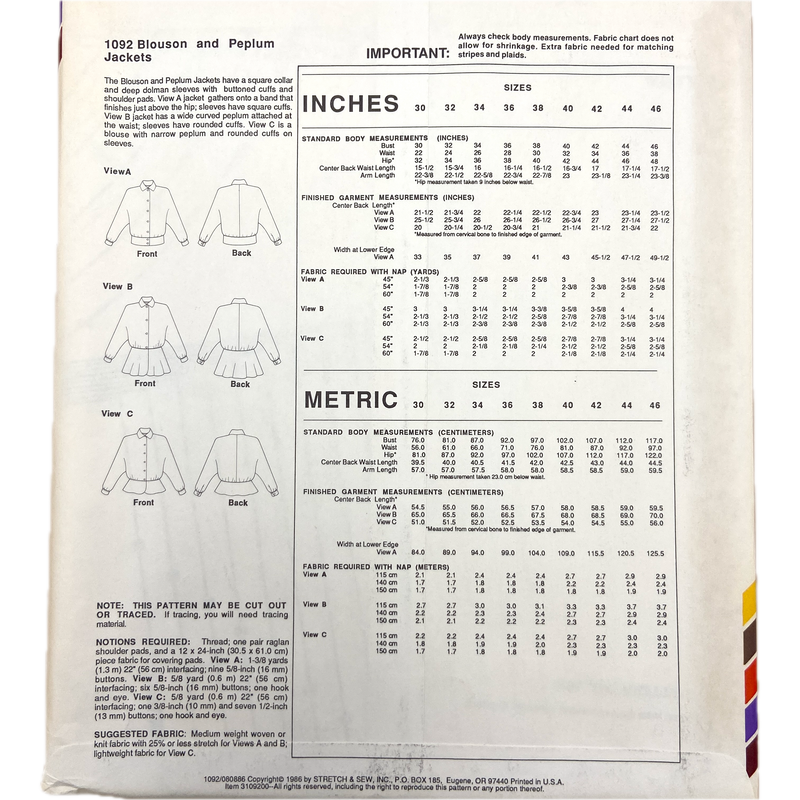 Stretch & Sew 1092 | Blouson and Peplum Jackets | Bust Sizes 30-46