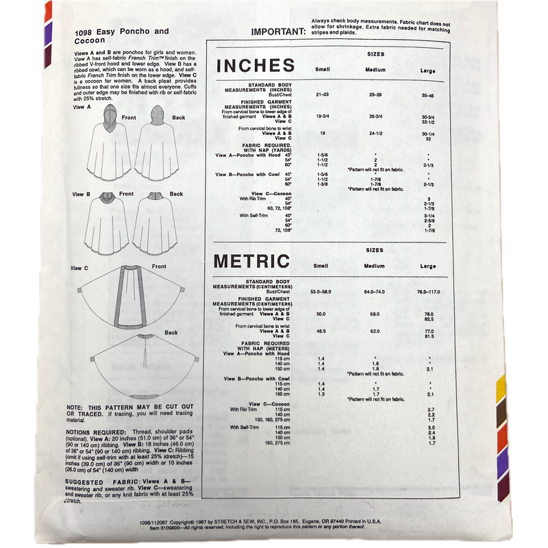 Stretch & Sew 1098 | Easy Poncho and Cocoon | Size S-L