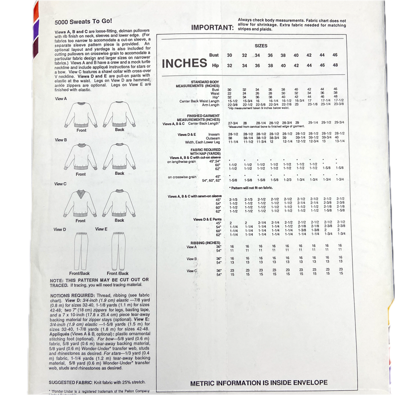 Stretch & Sew 5000 | Sweats to Go | Bust 30-46, Hip 32-48