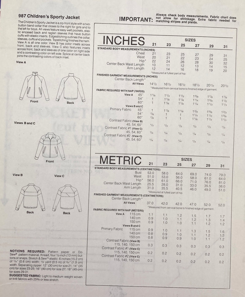 Stretch & Sew 987 | Children's Sporty Jacket | Chest Sizes 21-31