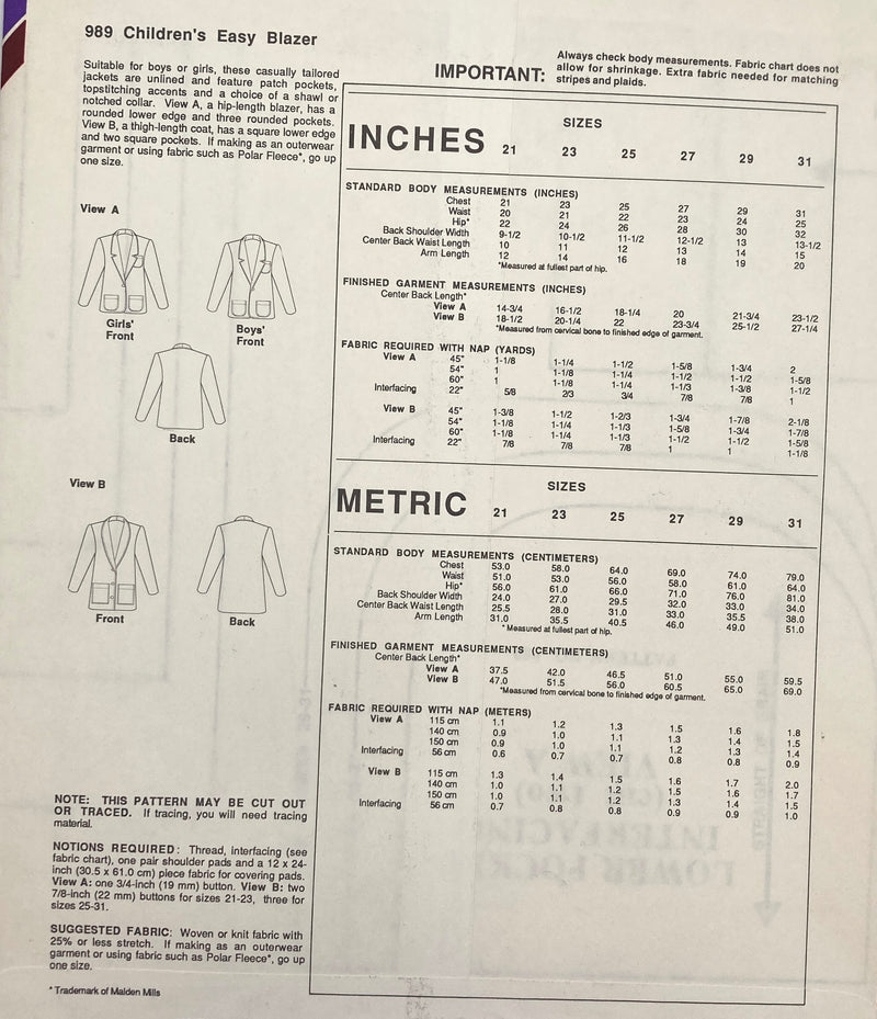 Stretch & Sew 989 | Children's Easy Blazer | Chest Sizes 21-31