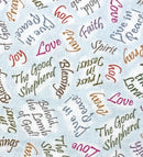 Christian words and phrases in multi colors on a baby blue background
