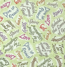 Christian words and phrases in multi colors on a pistachio green background