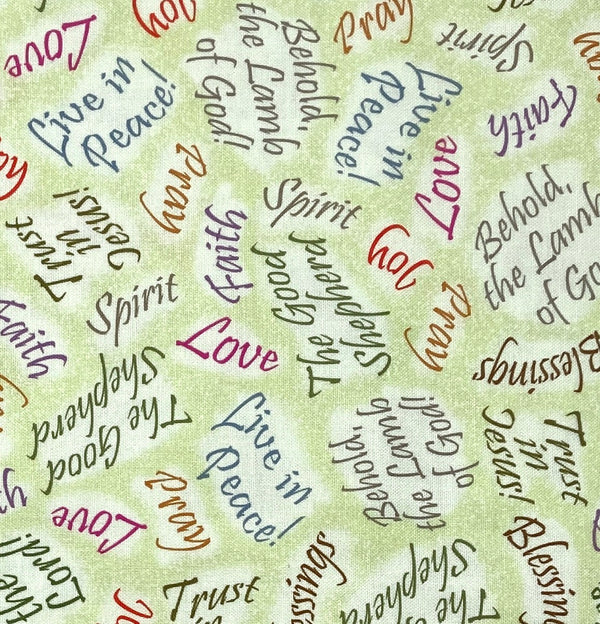 Christian words and phrases in multi colors on a pistachio green background