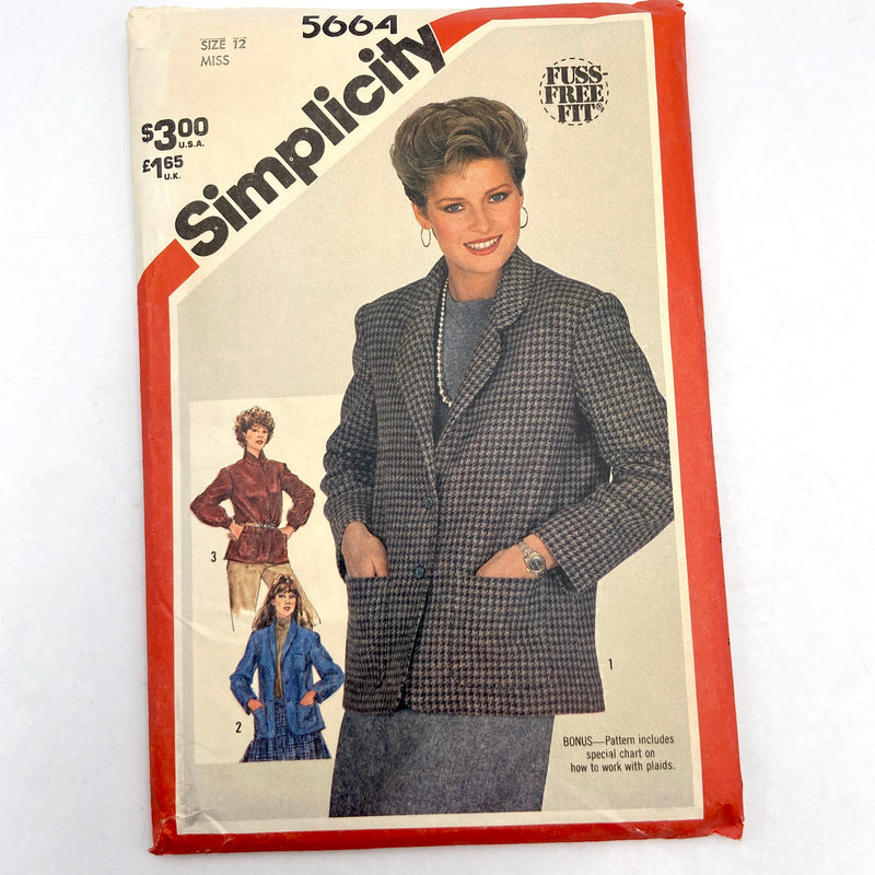 Simplicity 5664 | Adult Unlined Jacket | Size 12