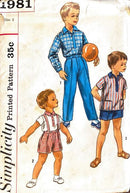 Vintage sewing pattern cover for children's clothing from 1981 with illustrations of boys in different outfits.
