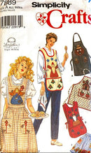 Simplicity Crafts pattern cover with apron designs and models wearing them.