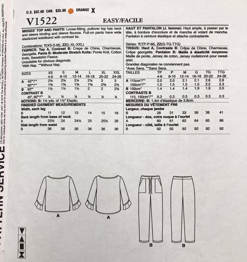 Vogue V1522 Isaac Mizrahi | Adult Top and Pants | Sizes Xsm-Sm-Med