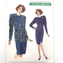 A Vogue sewing pattern for a petite adult jacket and dress, featuring illustrations of the finished garments on models, with the jacket having a geometric pattern and the dress a solid blue color.