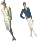 Two silhouettes of adult female fashion figures, one in a white skirt with a jacket, and the other in a blue suit with a jacket. Both are wearing hats and high-heeled shoes.