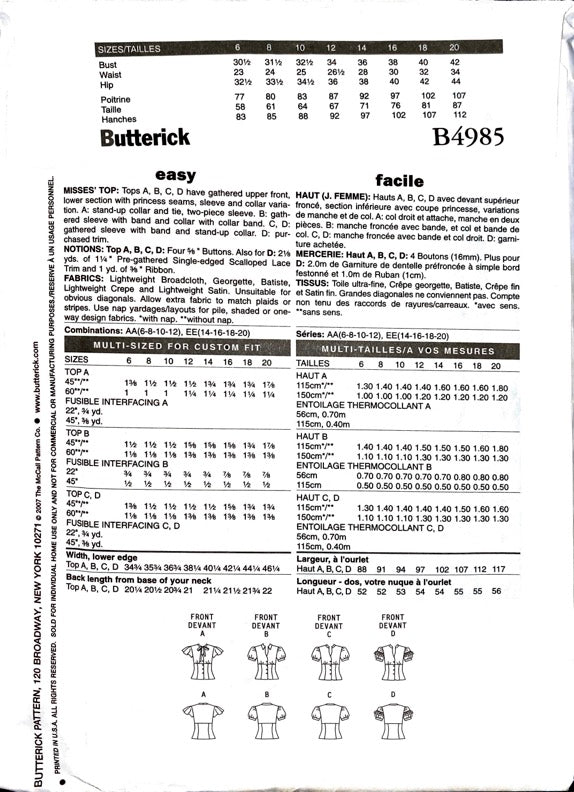 Butterick B4985 | Misses' Top | Size 14-20