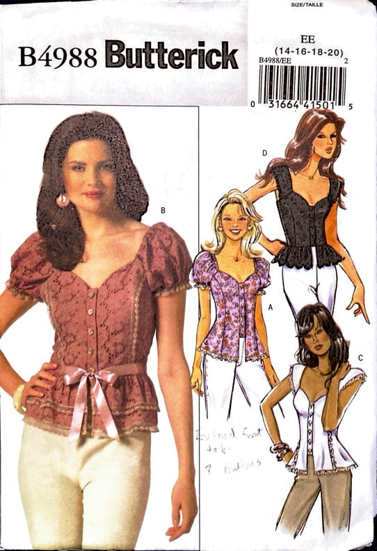 Butterick B4988 | Misses'/Misses' Petite Top | Size 14-20