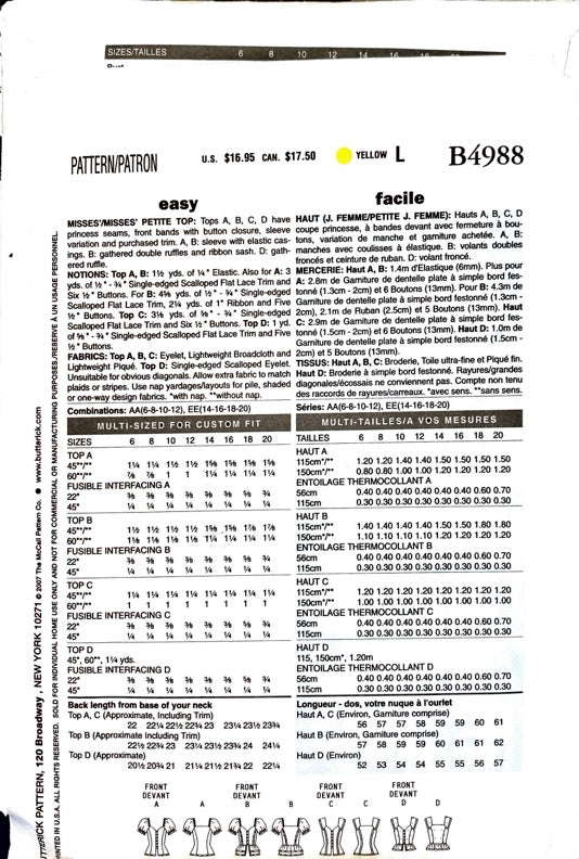 Butterick B4988 | Misses'/Misses' Petite Top | Size 14-20