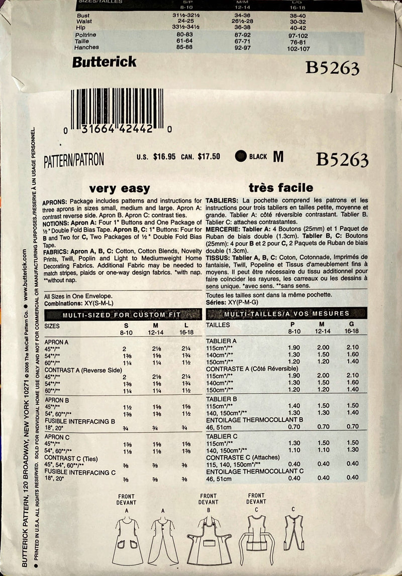 Butterick Waverly B5263 | Aprons | Size S-LG