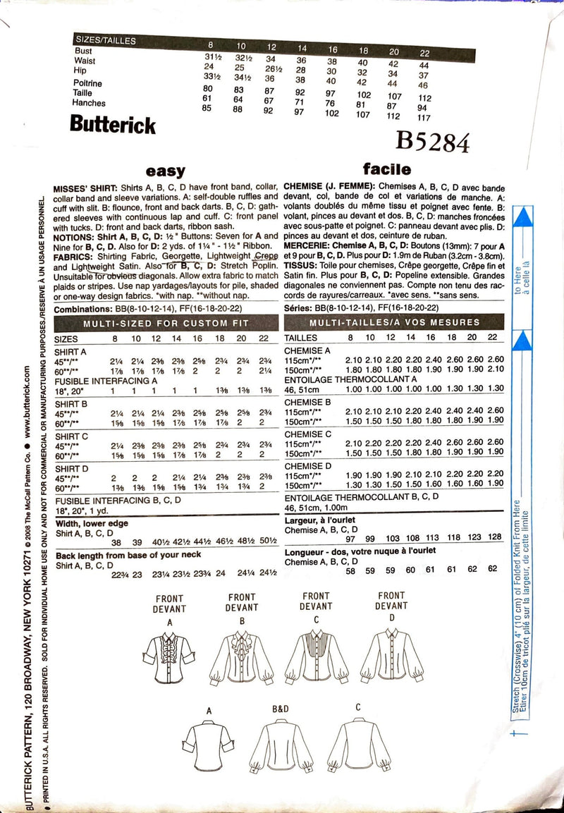 Butterick B5284 | Misses' Shirt | Size 8-14